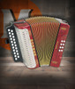 Hohner 3000GR 1600/2 Erica Two-Row GC Accordion in Red with diatonic button layout and classic Hohner design.