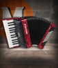 Hohner BR48RED Bravo II 48 Piano Accordion in Pearl Red finish with 26 treble keys and 48 bass buttons.