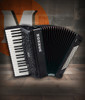 Hohner BR96BLK Bravo III 96 Piano Accordion in Jet Black finish with 37 treble keys and 96 bass buttons.