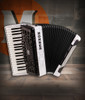 Hohner BR96WH Bravo III 96 Piano Accordion in Pearl White finish with 37 treble keys and 96 bass buttons.