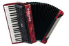 Hohner BR120RED Bravo III 120 Piano Accordion in Pearl Red finish with 41 treble keys and 120 bass buttons.
