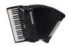 Hohner Amica Forte IV 96 Piano Accordion in Jet Black finish with 37 treble keys and 96 bass buttons.