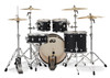 DW Design Series 4-Piece Drum Set in Black Satin finish featuring 22" bass drum, maple shells, chrome hardware, and professional DW craftsmanship – available at Musician Madness.