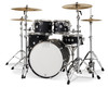 DW Design Series 4-Piece Drum Set in Black Satin finish featuring 22" bass drum, maple shells, chrome hardware, and professional DW craftsmanship â€“ available at Musician Madness.