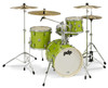 PDP PDNY1604EL New Yorker 4-Piece Drum Kit in Electric Green Sparkle finish with chrome hardware featuring maple shells, compact size, and full PDP tone - available at Musician Madness.