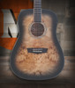 Washburn DFBDB Deep Forest Burl Dreadnought Acoustic Guitar in Black Fade finish featuring burl top, mahogany body, and full dreadnought design for warm tone and elegant style.