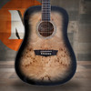 Washburn DFBDB Deep Forest Burl Dreadnought Acoustic Guitar in Black Fade finish featuring burl top, mahogany body, and full dreadnought design for warm tone and elegant style.