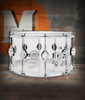 DW Design Series 14" x 8" Acrylic Snare Drum with Chrome Hardware (DDAC0814SSCL1) featuring a clear acrylic shell for bright tone, punchy projection, and stunning stage presence.