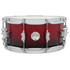 PDP Concept Maple 6.5x14 Snare Drum in Red to Black Fade Lacquer finish with maple shell and chrome hardware, offering bold style and classic maple tone.