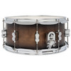 PDP Concept Maple 6.5x14 Snare Drum in Satin Charcoal Burst Lacquer finish with maple shell and chrome hardware, offering warm tone and sleek, contemporary style.