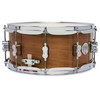 PDP Concept Maple Exotic 6.5x14 Snare Drum in Natural Honey Mahogany Lacquer finish with maple shell and chrome hardware, producing rich tone and striking exotic look.