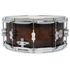 PDP Concept Maple Exotic 6.5x14 Snare Drum in Walnut to Charcoal Burst Lacquer finish with maple shell and chrome hardware, offering warm tone and elegant fade design.