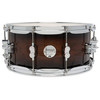 PDP Concept Maple Exotic 6.5x14 Snare Drum in Walnut to Charcoal Burst Lacquer finish with maple shell and chrome hardware, offering warm tone and elegant fade design.
