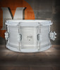 PDP Concept Series 8x14 Snare Drum in Natural Satin Brushed Aluminum with 1.2mm shell and chrome hardware, producing clear tone and sleek industrial look.