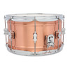 PDP Concept Series 8x14 Snare Drum in Natural Satin Brushed Copper with 1.2mm shell and chrome hardware, producing warm tone, crisp response, and bold metallic style.