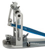 DW MFG Series Machined Direct Drive Single Pedal Cobalt Edition with included carry bag, featuring precision-machined cobalt blue components, direct drive linkage, and adjustable beater assembly.
