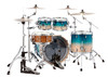 Mapex Saturn Rock 4-Piece Shell Pack in Aqua Fade featuring hybrid maple-walnut shells, SONIClear bearing edges, and robust hardware designed for powerful rock performance.
