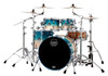 Mapex Saturn Rock 4-Piece Shell Pack in Aqua Fade featuring hybrid maple-walnut shells, SONIClear bearing edges, and robust hardware designed for powerful rock performance.