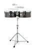 Latin Percussion LP1415-KP Karl Perazzo 14"/15" Timbales featuring black nickel shells, chrome hardware, bright and powerful tone, and signature artist design crafted for advanced Latin and salsa percussionists.