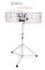 Latin Percussion LP255-S Timbales featuring 12" and 13" stainless steel shells, chrome hardware, bright cutting tone, and durable construction suited for students, intermediate players, and live performers.