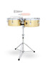 Latin Percussion LP257-B Timbales featuring 14" and 15" polished brass shells, chrome hardware, bright cutting tone, and durable construction ideal for stage, studio, and Latin ensemble performance.