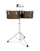 Latin Percussion M258 Matador 14"/15" Steel Timbales featuring an antique steel finish, chrome hardware, bright projecting tone, and an included cowbell for traditional Latin performance and modern percussion setups.