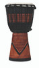 Latin Percussion LP713SB World Beat Wood Art Small Djembe featuring a hand-carved wooden shell, black and brown artistic finish, rope tuning, and warm resonant tone ideal for world percussion and recreational drumming.