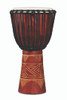 Latin Percussion LP713LR World Beat Wood Art Large Djembe featuring a carved wooden shell, red/natural artistic finish, rope tuning, and deep resonant sound ideal for world percussion ensembles and recreational drumming.