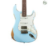 Vintage V6 ICON Electric Guitar in Distressed Laguna Blue featuring a relic-style finish, Wilkinson hardware and pickups, contoured body, smooth neck profile, and classic vintage-influenced tonal character.