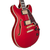 Dâ€™Angelico Excel Mini DC - Trans Cherry (DAEMINIDCTCHGS) featuring a compact semi-hollow body, Seymour Duncan pickups, and a bold Trans Cherry finish for expressive and versatile performance.