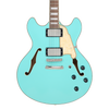 Dâ€™Angelico Premier DC - Sage Green (DAPDCSGRNS) featuring semi-hollow double-cut construction, versatile pickups, and a smooth Sage Green finish for expressive modern blues, jazz, and rock tones.