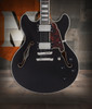 Dâ€™Angelico Premier DC with Gig Bag - Black Flake (DAPDCBLF2NS) featuring a semi-hollow double-cut body, Black Flake finish, dual humbuckers, smooth neck profile, and an included padded gig bag for easy transport.