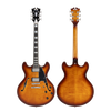 Dâ€™Angelico Premier DC - Dark Iced Tea Burst (DAPDCDITBNS) featuring a semi-hollow double cutaway body, stop-bar tailpiece, dual humbuckers, and a warm Dark Iced Tea Burst finish with included padded gig bag.