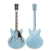 Dâ€™Angelico Premier DC - Sky Blue (DAPDCSKBCS) featuring a semi-hollow double cutaway body, stop-bar tailpiece, dual humbuckers, smooth neck profile, and a vivid Sky Blue finish with included padded gig bag.