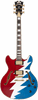 Dâ€™Angelico Premier Grateful Dead DC - Red, White, and Blue Lightning Bolt (DAPDCSYF) featuring custom Grateful Dead Lightning Bolt artwork, semi-hollow double-cut body, stop-bar tailpiece, dual humbuckers, and an included custom gig bag.