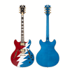 Dâ€™Angelico Premier Grateful Dead DC - Red, White, and Blue Lightning Bolt (DAPDCSYF) featuring custom Grateful Dead Lightning Bolt artwork, semi-hollow double-cut body, stop-bar tailpiece, dual humbuckers, and an included custom gig bag.