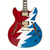 Dâ€™Angelico Premier Grateful Dead DC - Red, White, and Blue Lightning Bolt (DAPDCSYF) featuring custom Grateful Dead Lightning Bolt artwork, semi-hollow double-cut body, stop-bar tailpiece, dual humbuckers, and an included custom gig bag.