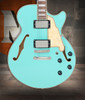 DÃ¢â‚¬â„¢Angelico Premier SS Single Cutaway - Surf Green (DAPSSSGRNS) featuring a semi-hollow single-cut body, stop-bar tailpiece, dual humbuckers, and a warm Dark Iced Tea Burst finish for expressive modern tones.