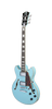 DÃ¢â‚¬â„¢Angelico Premier Mini DC - Sky Blue (DAPMINIDCSKBCS) featuring a compact semi-hollow double-cutaway body, stop-bar tailpiece, dual humbuckers, and a bold Sky Blue finish for lightweight versatility and modern tone.