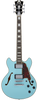 DÃ¢â‚¬â„¢Angelico Premier Mini DC - Sky Blue (DAPMINIDCSKBCS) featuring a compact semi-hollow double-cutaway body, stop-bar tailpiece, dual humbuckers, and a bold Sky Blue finish for lightweight versatility and modern tone.