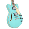 Dâ€™Angelico Premier Mini DC - Surf Green (DAPMDCSGRNS) featuring a compact semi-hollow double-cut design, stop-bar tailpiece, dual humbuckers, and a rich warm, versatile tone.
