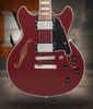 Dâ€™Angelico Premier Mini DC - Burnt Red (DAPMDCBRDNS) featuring a compact semi-hollow double-cut design, stop-bar tailpiece, dual humbuckers, and a rich warm, versatile tone.