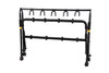 Hercules GS525BPLUS 5-Piece Guitar Rack Stand with Casters featuring padded supports, foldable durable frame, and rolling casters for easy transport of up to five guitars.