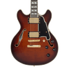 Dâ€™Angelico Mini Double Cutaway electric guitar in Amaretto Burst featuring a carved double-cut body, stop-bar tailpiece, humbucking pickups, vintage-style hardware, and classic Dâ€™Angelico craftsmanship.