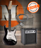 Austin AST100BK Classic Double Cutaway Guitar Bundle in Black featuring the AST100BK electric guitar, Austin AUG10 amplifier, instrument cable, and a beginner-friendly setup ideal for new players.