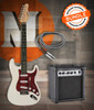 Austin AST100CR Classic Double Cutaway Guitar Bundle in Cream featuring the AST100CR electric guitar, Austin AUG10 amplifier, instrument cable, and a complete beginner-friendly setup.