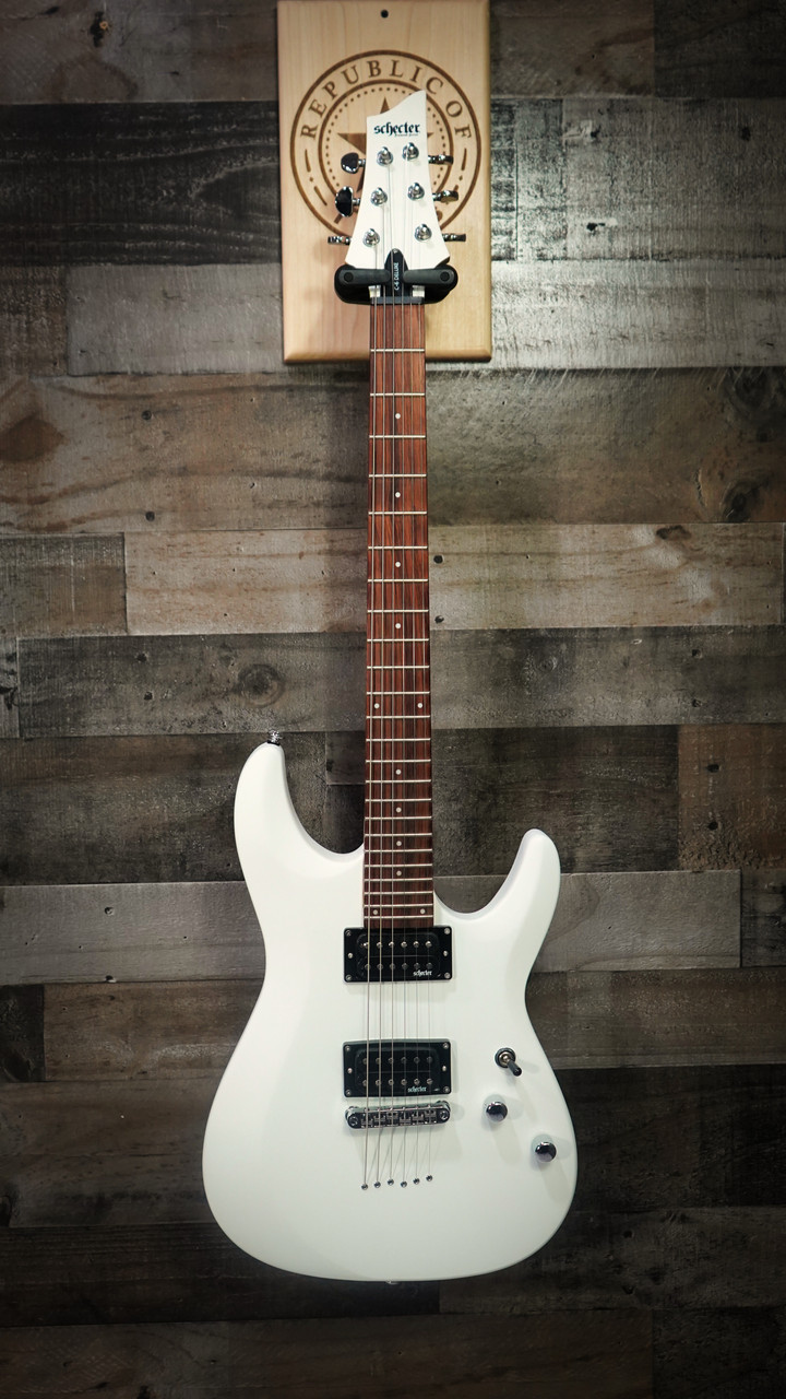 Schecter C-6 Deluxe Satin White Electric Guitar with dual humbuckers, basswood body, and smooth satin white finish.