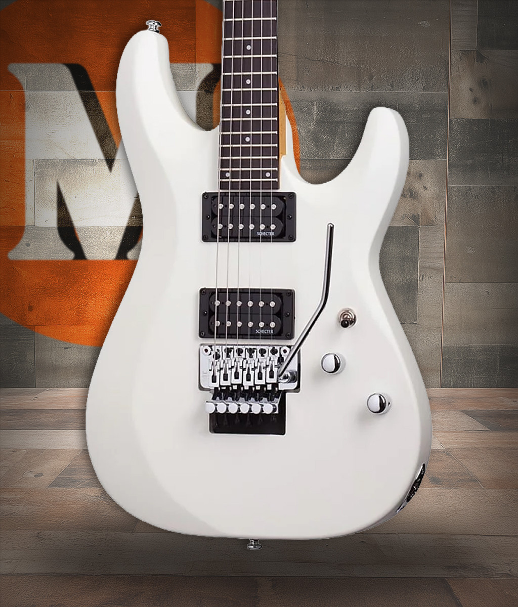 Schecter C-6 Floyd Rose Deluxe Satin White Electric Guitar with dual humbuckers, Floyd Rose tremolo bridge, and smooth satin white finish.