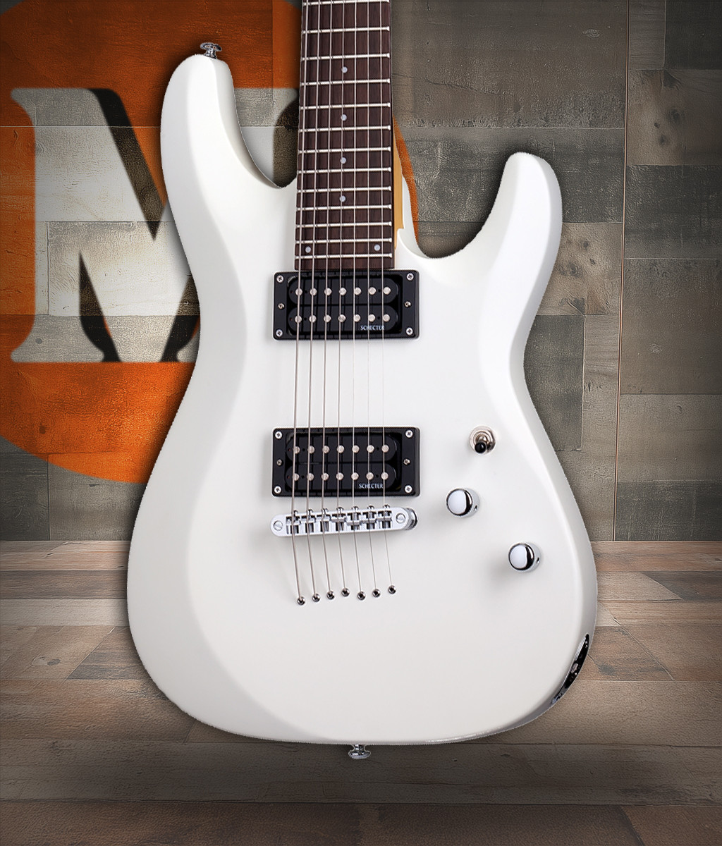 Schecter C-7 Deluxe Satin White Electric Guitar with 7-string design, dual humbuckers, and smooth satin white finish.