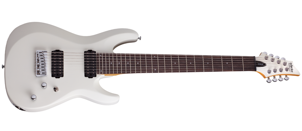 Schecter C-8 Deluxe Satin White Electric Guitar with 8-string design, dual humbuckers, and sleek satin white finish.